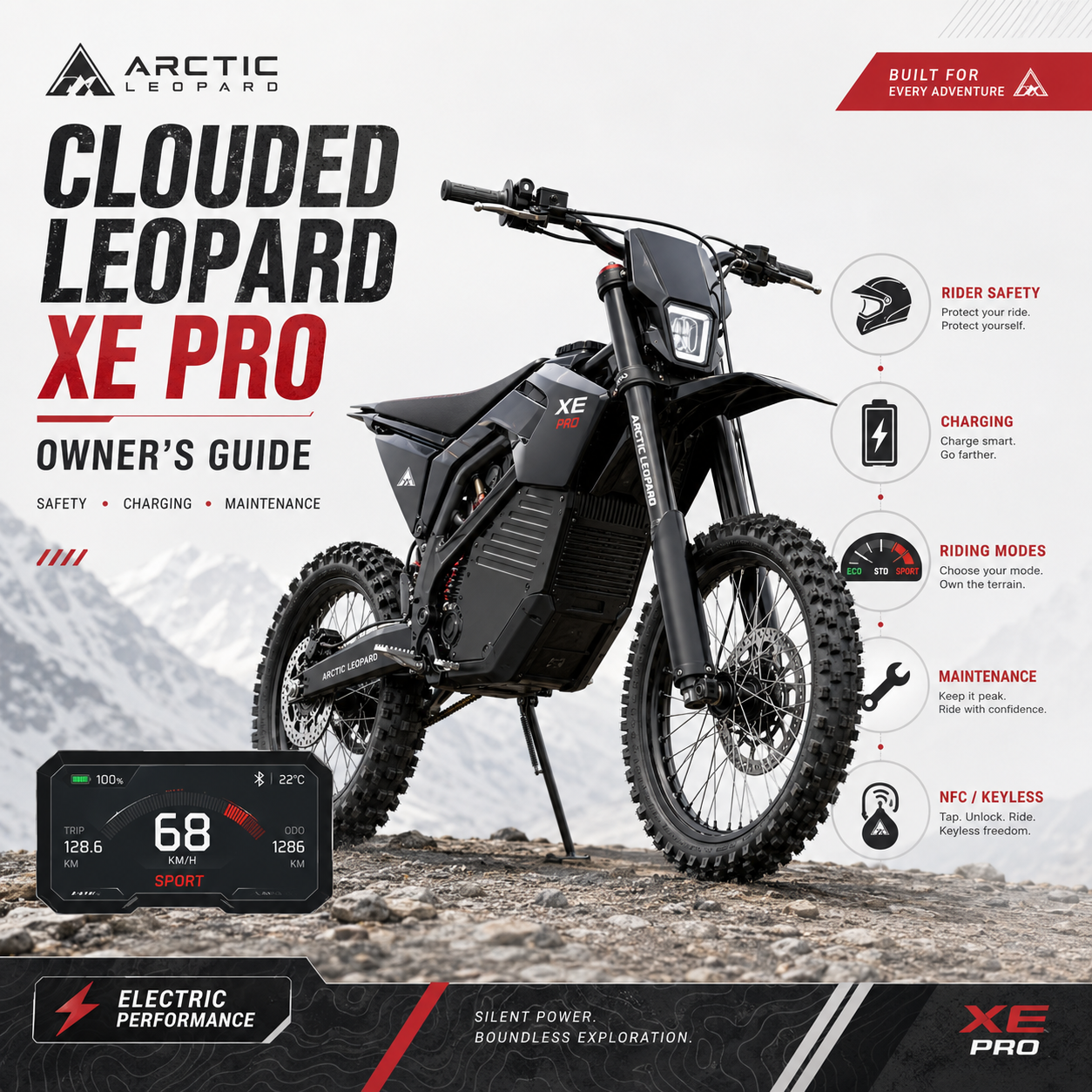 Owner's guide cover for the Arctic Leopard XE Pro, showing the bike beside icons for rider safety, charging, riding modes, maintenance and keyless start