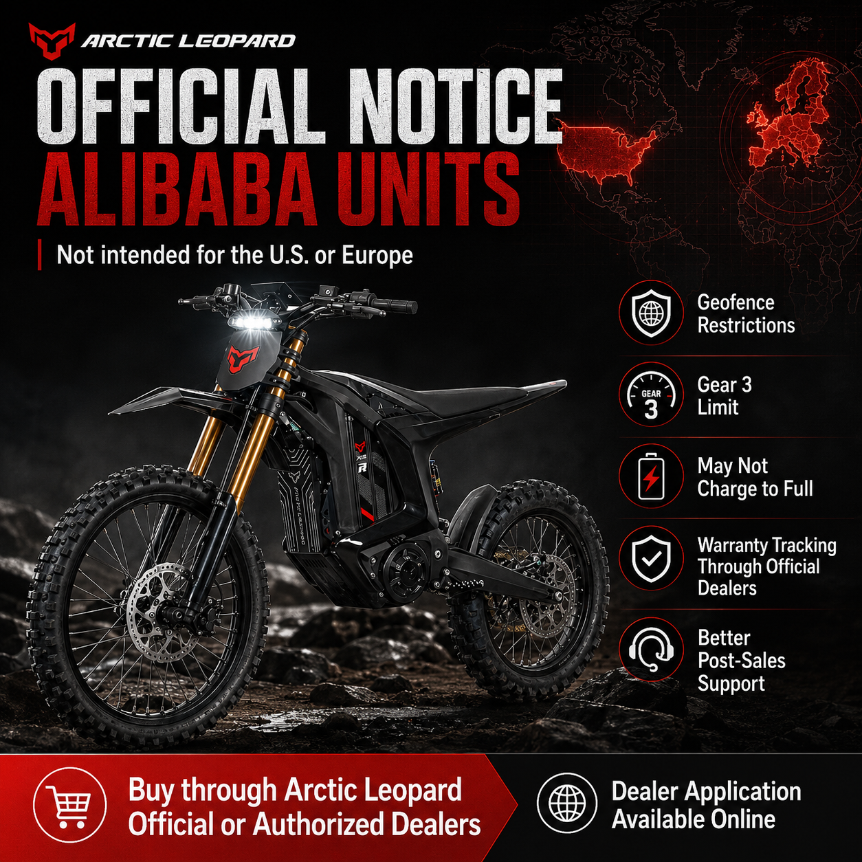Official notice graphic about Arctic Leopard units bought on Alibaba, listing geofence restrictions, Gear 3 limit, charging limits and warranty tracking