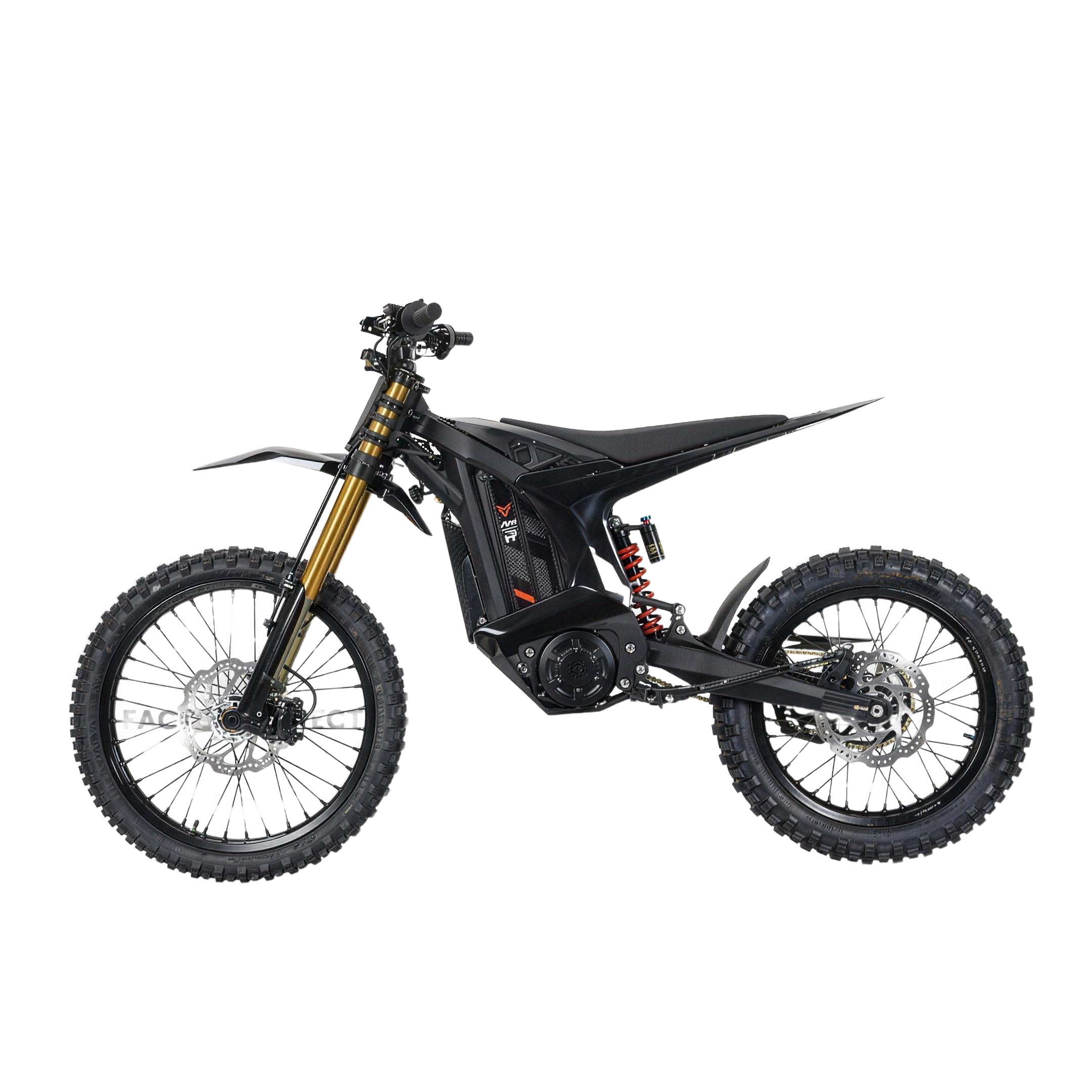 Arctic Leopard XE Pro R electric dirt bike, full side profile with gold inverted forks and red rear coil shock