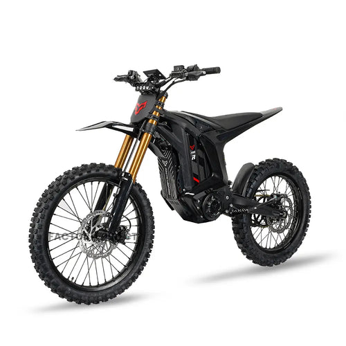 Arctic Leopard XE Pro R electric dirt bike, front three-quarter view showing the gold inverted forks and knobby off-road tires