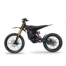 Arctic Leopard XE Pro R electric dirt bike, full side profile with red rear coil shock and gold inverted forks