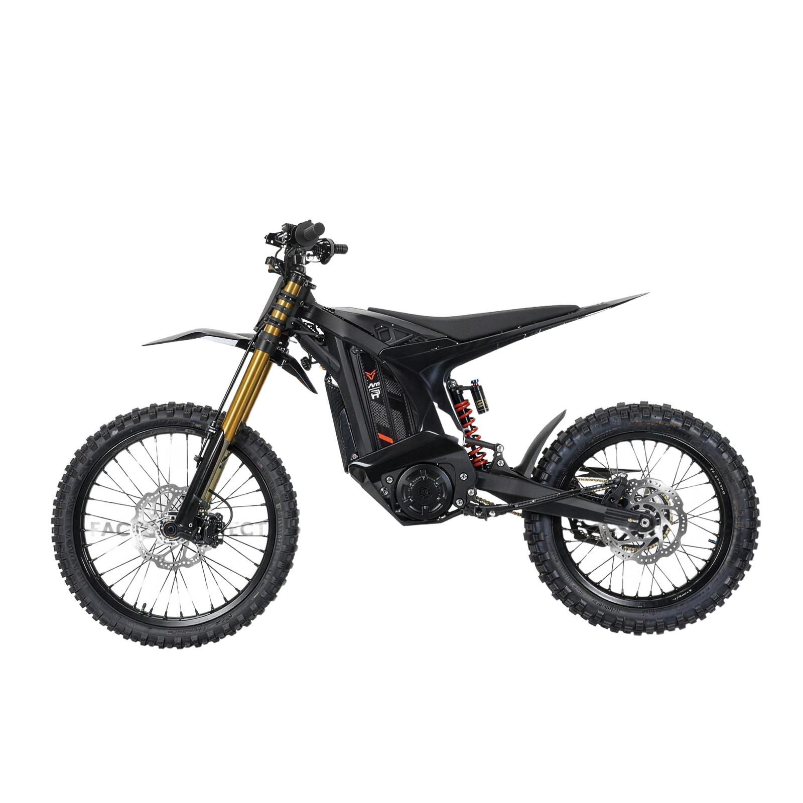 Arctic Leopard XE Pro R electric dirt bike, full side profile with gold inverted forks and red rear coil shock