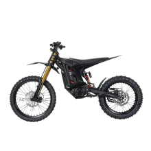 Arctic Leopard XE Pro R electric dirt bike, full side profile with gold inverted forks and red rear coil shock