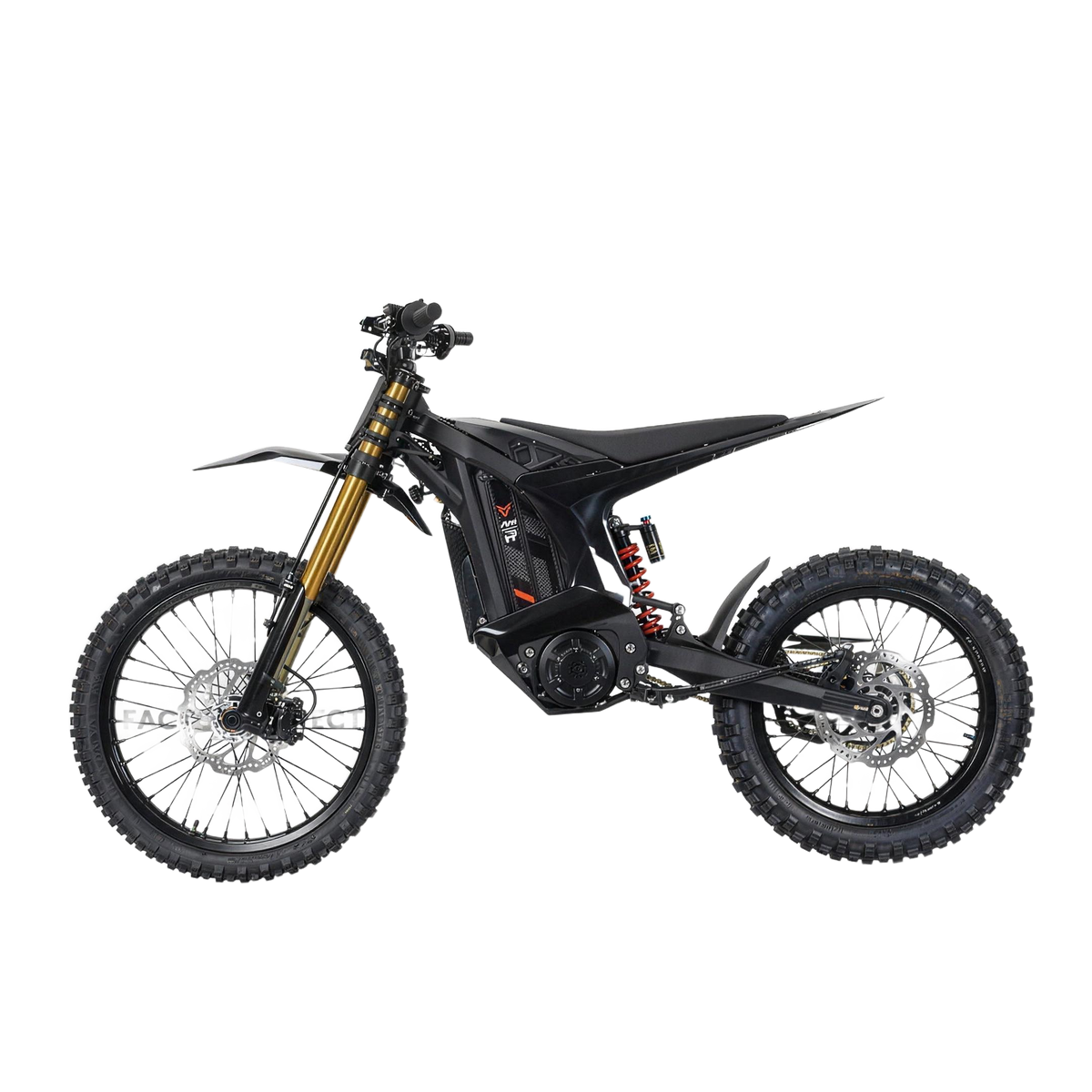 Arctic Leopard XE Pro R electric dirt bike, full side profile with gold inverted forks and red rear coil shock